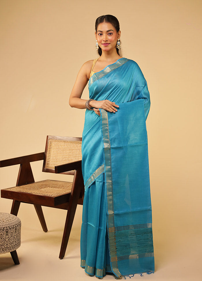 Blue Tussar Silk Saree With Blouse Piece