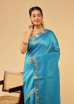 Blue Tussar Silk Saree With Blouse Piece