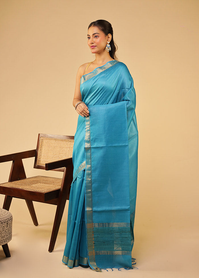 Blue Tussar Silk Saree With Blouse Piece