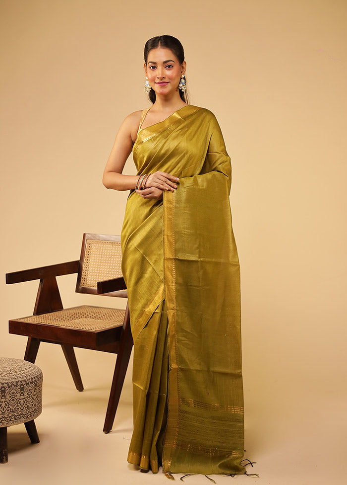 Green Tussar Silk Saree With Blouse Piece