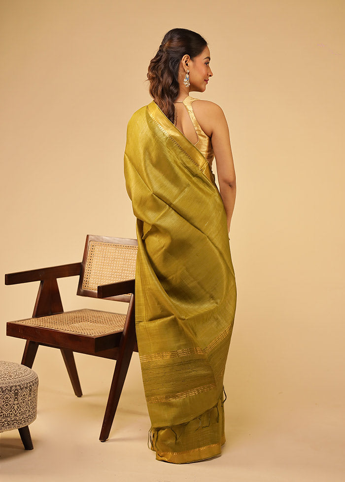 Green Tussar Silk Saree With Blouse Piece