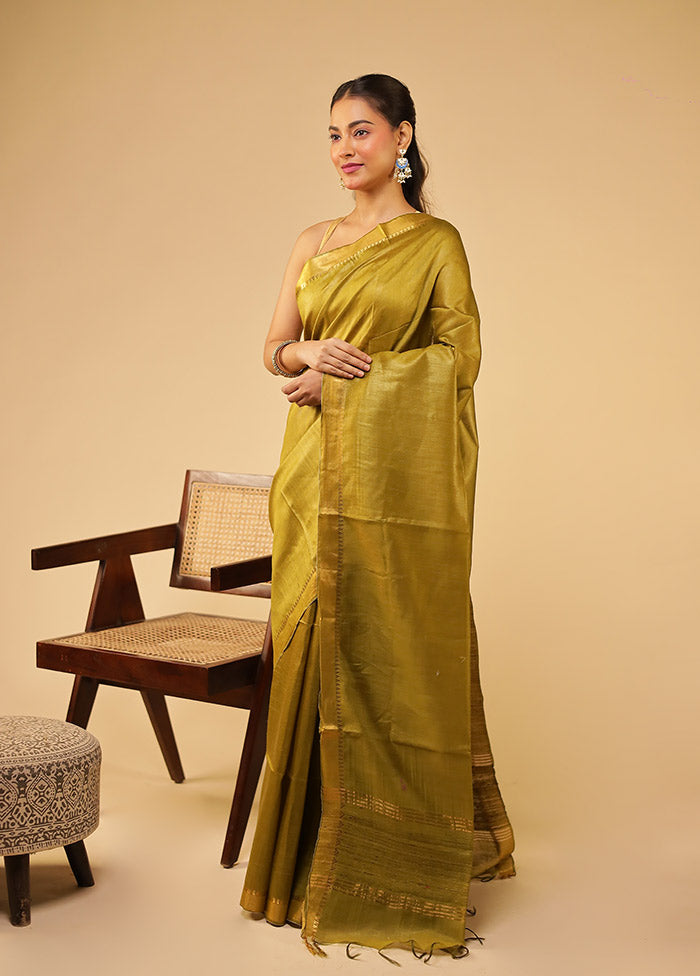 Green Tussar Silk Saree With Blouse Piece