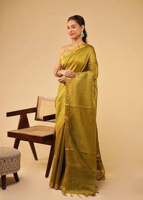 Green Tussar Silk Saree With Blouse Piece
