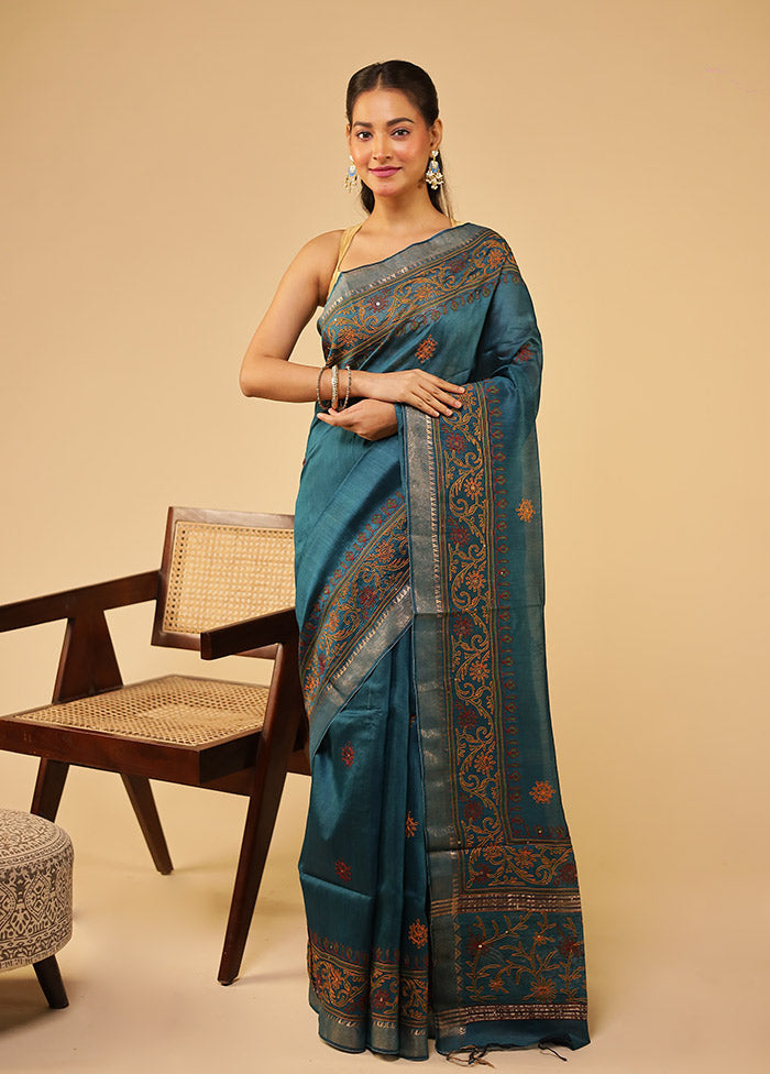 Green Tussar Silk Saree With Blouse Piece