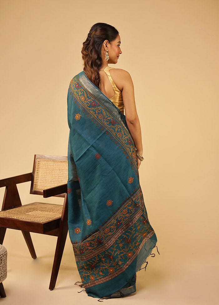 Green Tussar Silk Saree With Blouse Piece