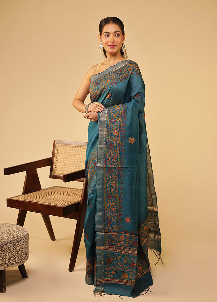Green Tussar Silk Saree With Blouse Piece