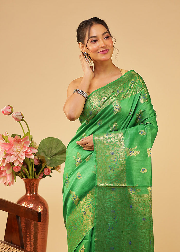 Green Tussar Silk Saree With Blouse Piece