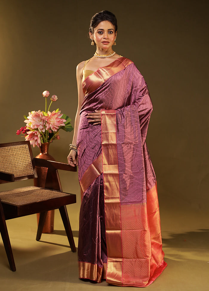 Purple Handloom Kanjivaram Pure Silk Saree With Blouse Piece