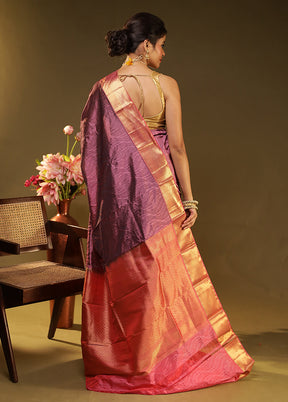 Purple Handloom Kanjivaram Pure Silk Saree With Blouse Piece