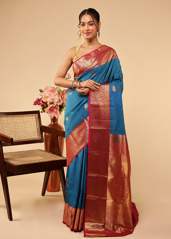 Blue Kanjivaram Silk Saree With Blouse Piece