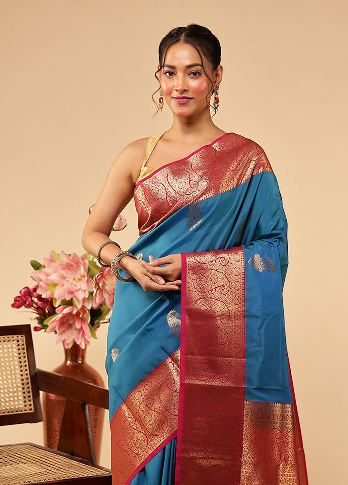 Blue Kanjivaram Silk Saree With Blouse Piece