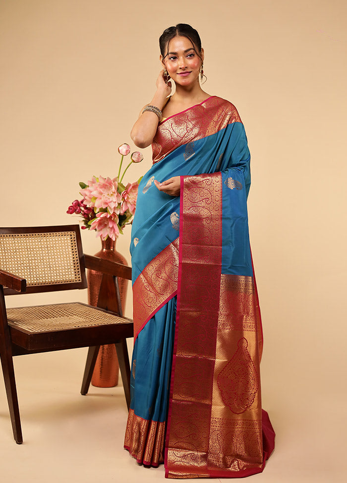 Blue Kanjivaram Silk Saree With Blouse Piece