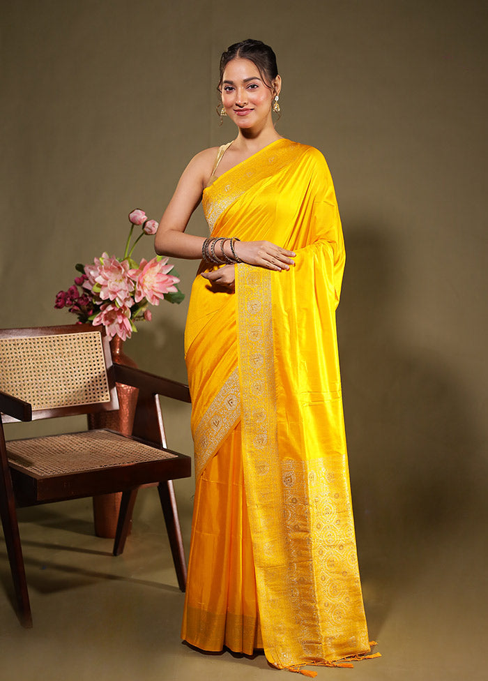 Yellow Dupion Silk Saree With Blouse Piece