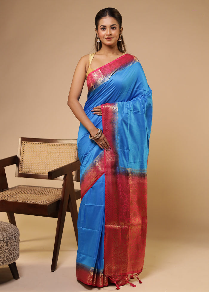 Blue Dupion Silk Saree With Blouse Piece