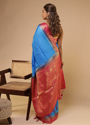 Blue Dupion Silk Saree With Blouse Piece