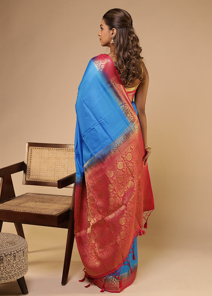 Blue Dupion Silk Saree With Blouse Piece