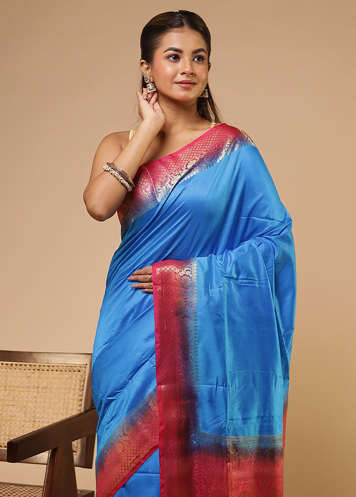Blue Dupion Silk Saree With Blouse Piece