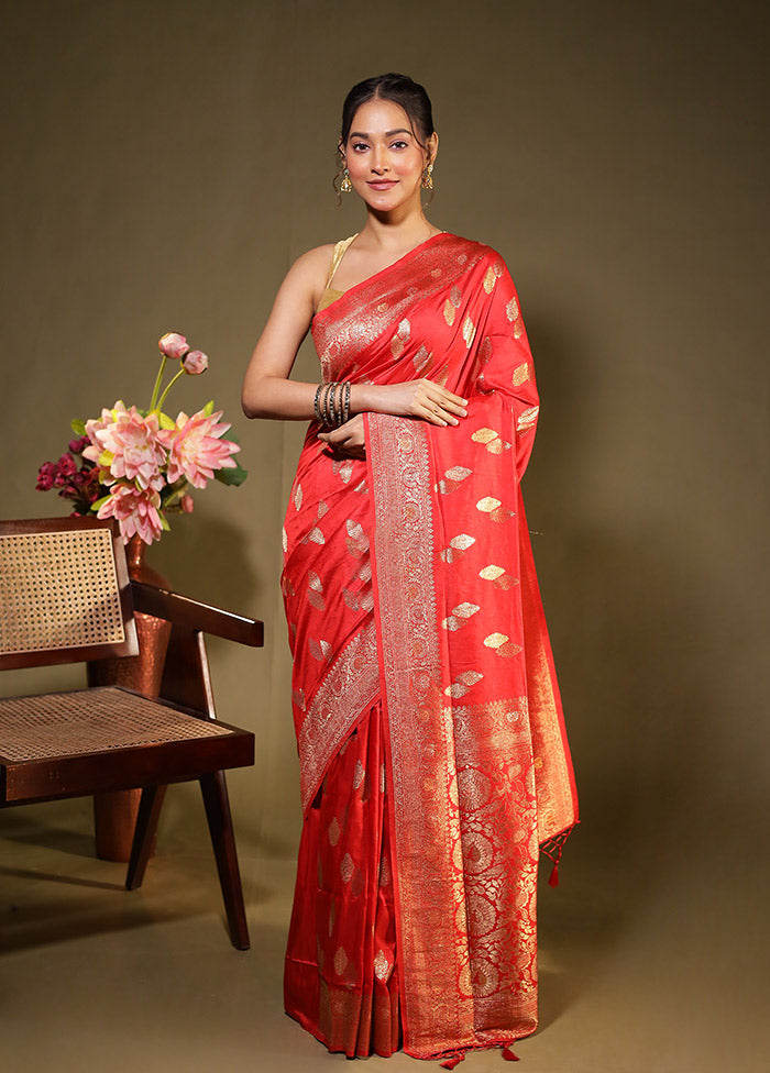 Red Dupion Silk Saree With Blouse Piece
