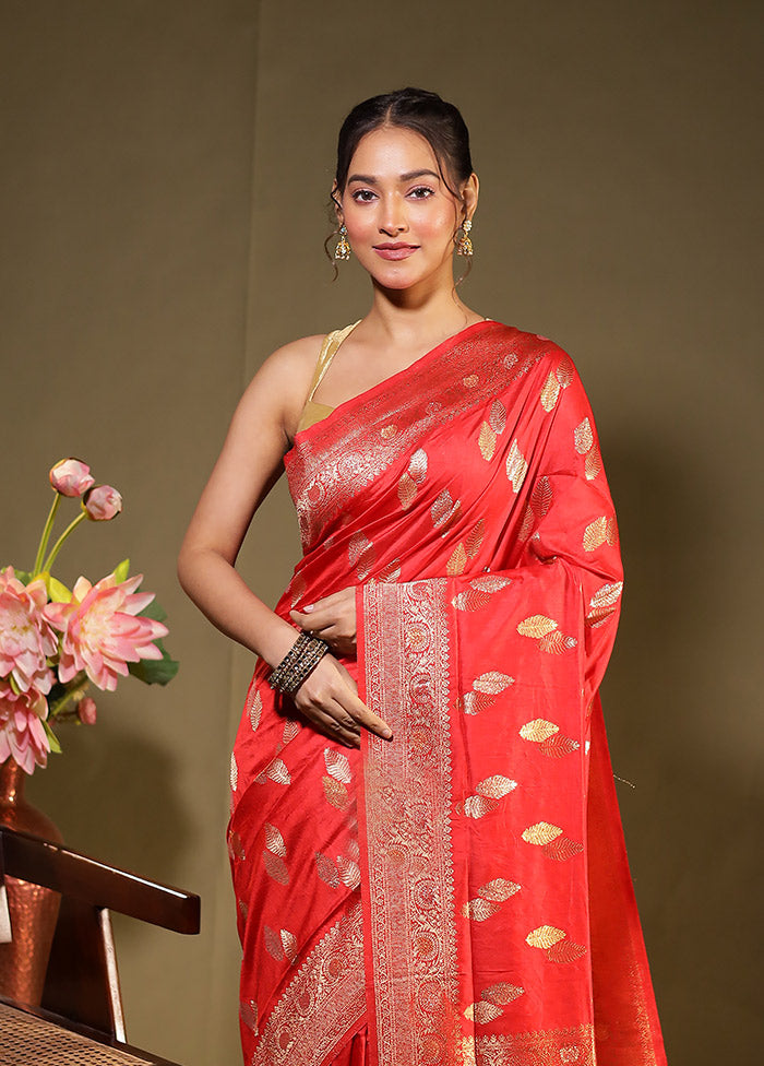 Red Dupion Silk Saree With Blouse Piece