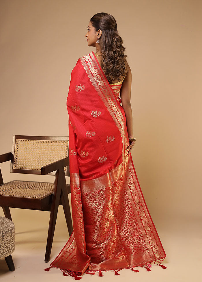 Red Dupion Silk Saree With Blouse Piece