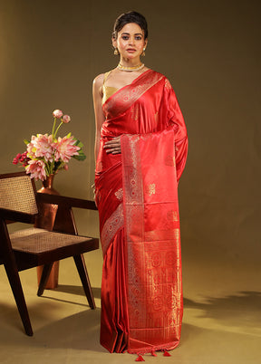 Red Dupion Silk Saree With Blouse Piece