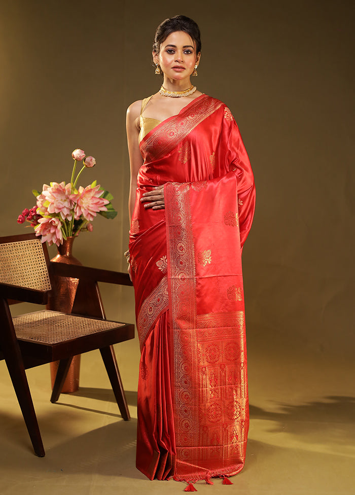 Red Dupion Silk Saree With Blouse Piece
