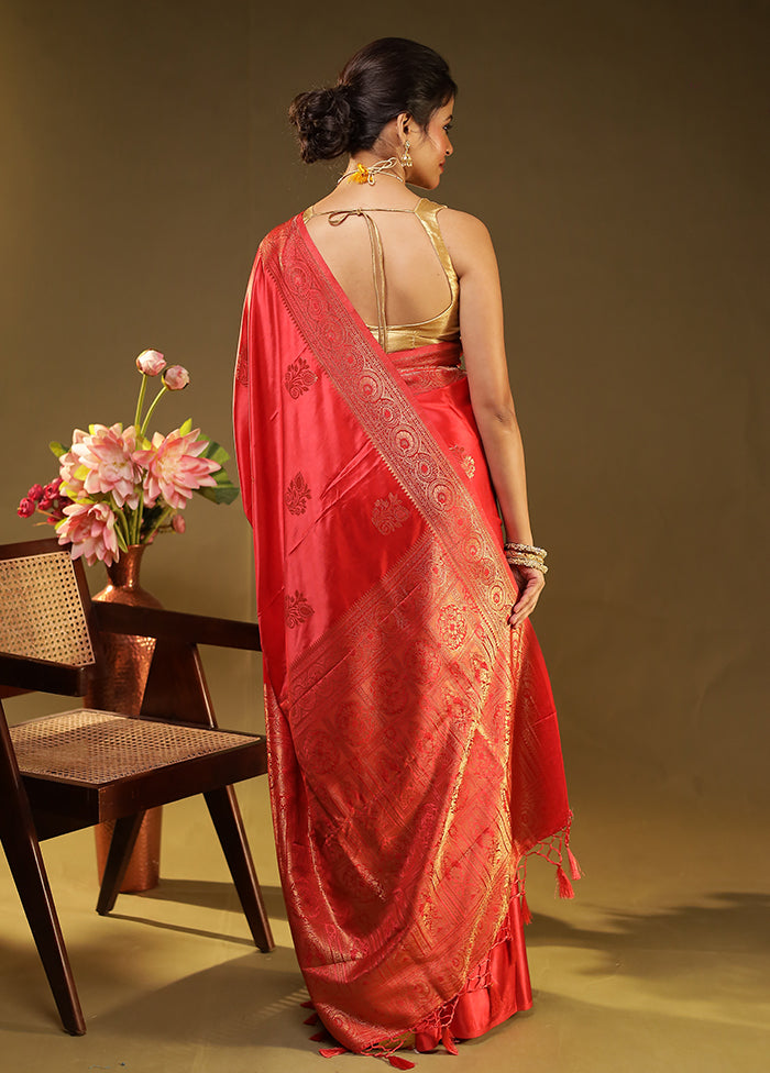 Red Dupion Silk Saree With Blouse Piece