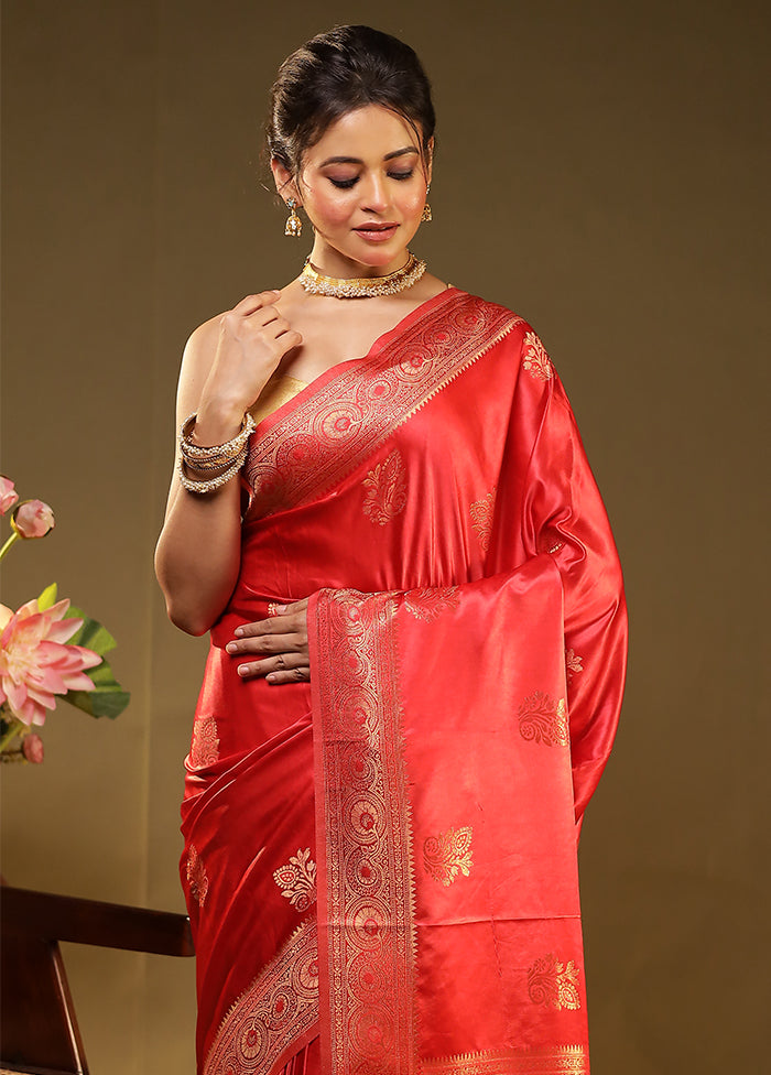 Red Dupion Silk Saree With Blouse Piece