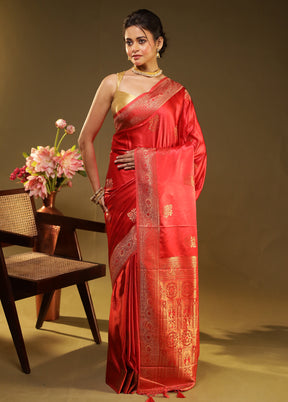 Red Dupion Silk Saree With Blouse Piece