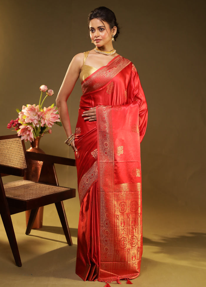 Red Dupion Silk Saree With Blouse Piece
