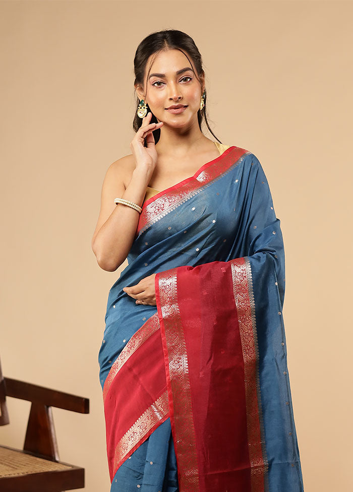 Blue Dupion Silk Saree With Blouse Piece