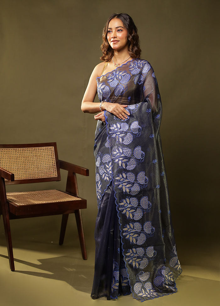 Blue Organza Saree With Blouse Piece