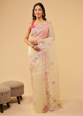 Cream Organza Saree With Blouse Piece
