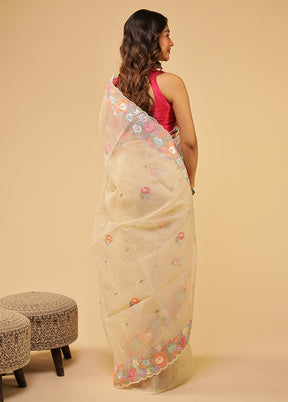 Cream Organza Saree With Blouse Piece