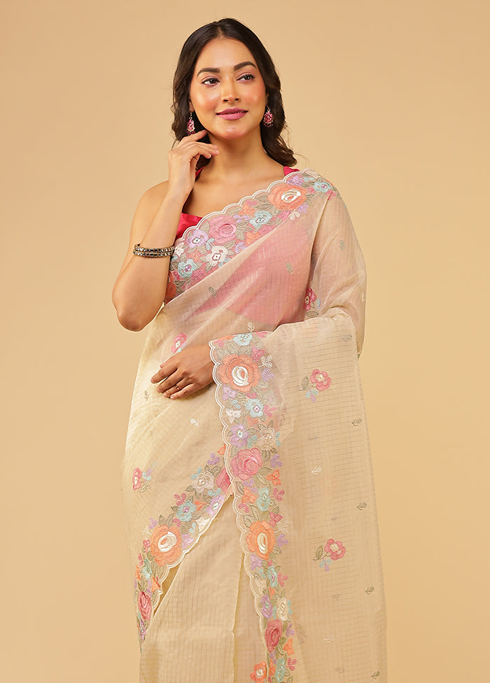 Cream Organza Saree With Blouse Piece