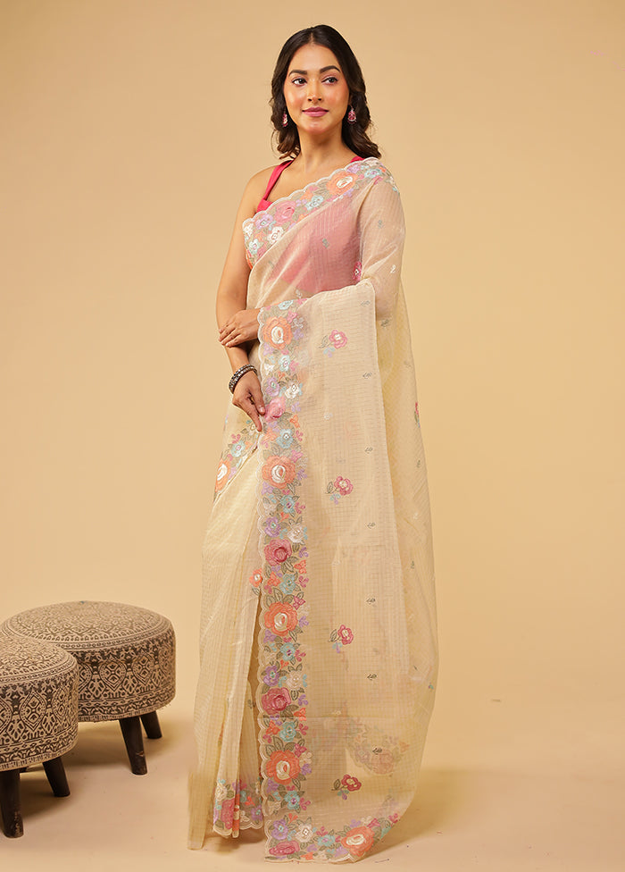 Cream Organza Saree With Blouse Piece