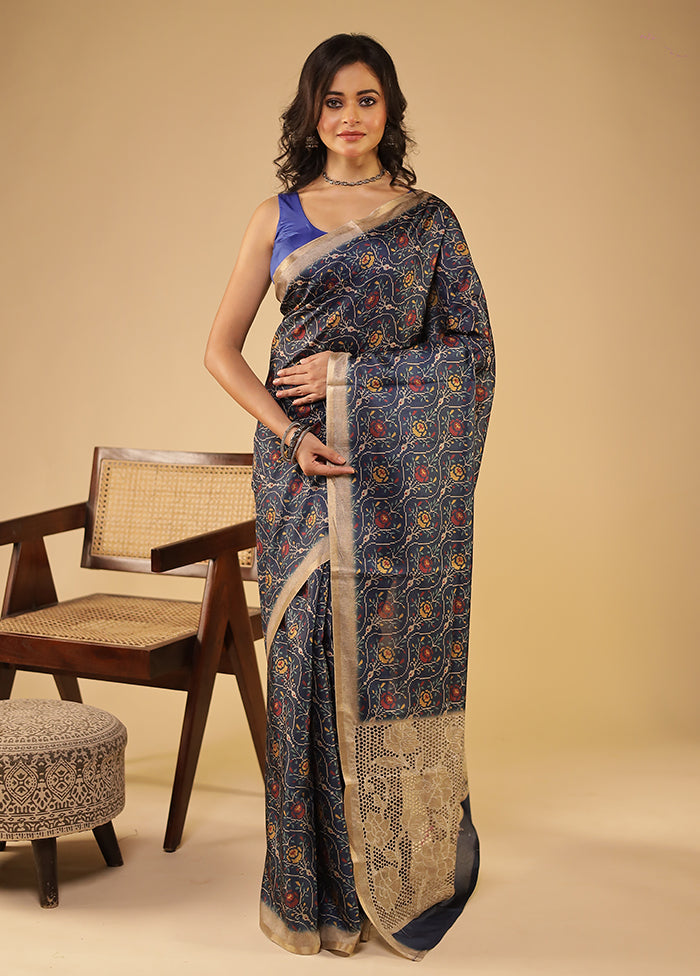 Blue Tussar Silk Saree With Blouse Piece
