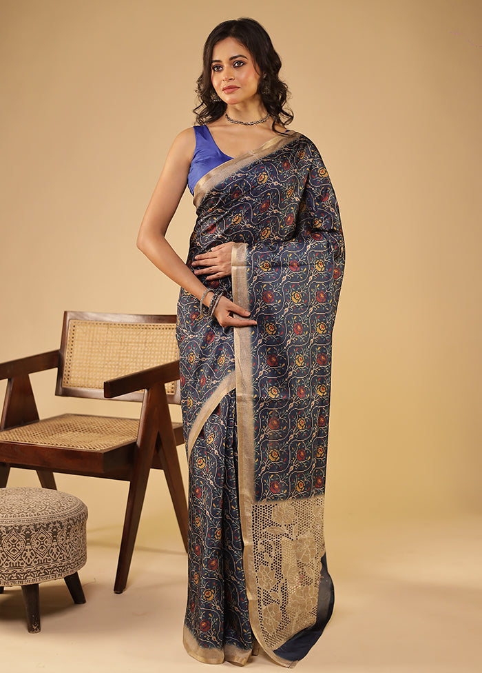 Blue Tussar Silk Saree With Blouse Piece