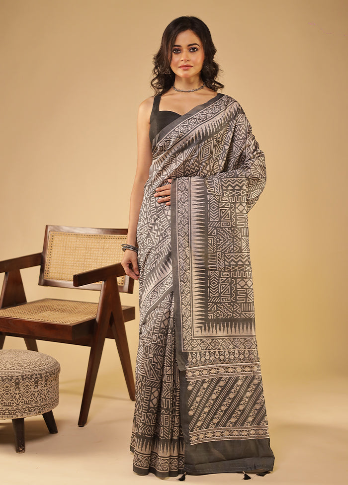 Grey Tussar Silk Saree With Blouse Piece
