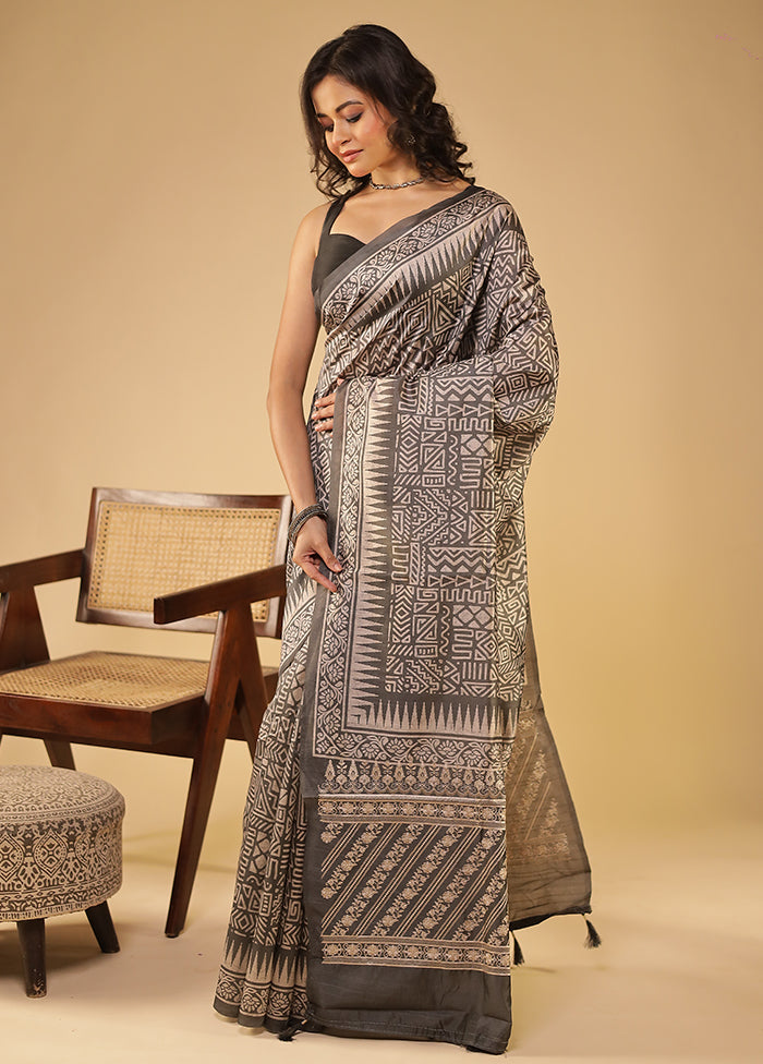 Grey Tussar Silk Saree With Blouse Piece