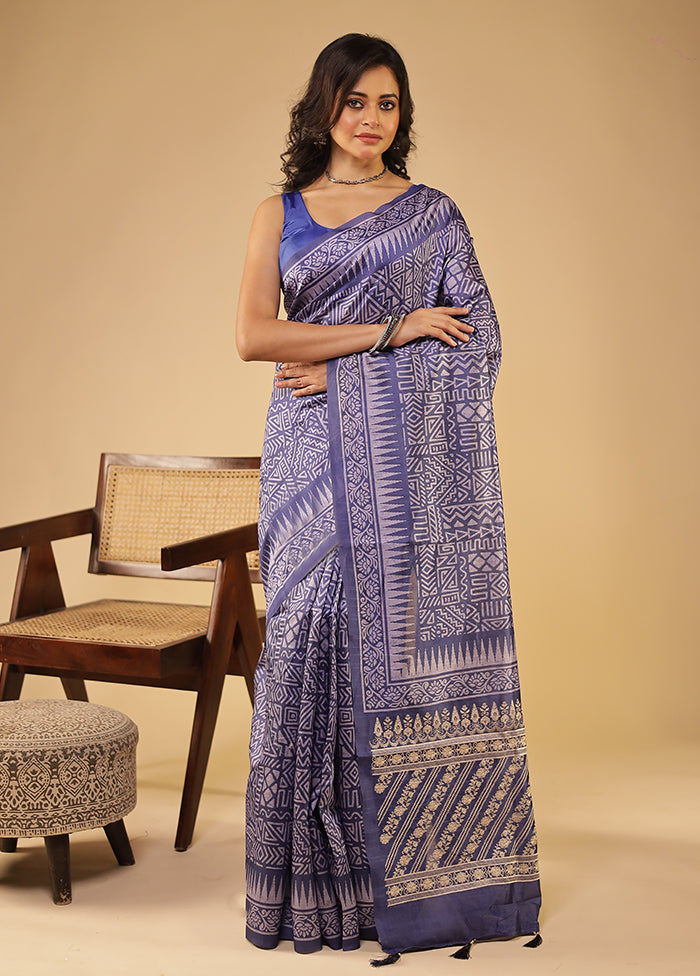 Blue Tussar Silk Saree With Blouse Piece