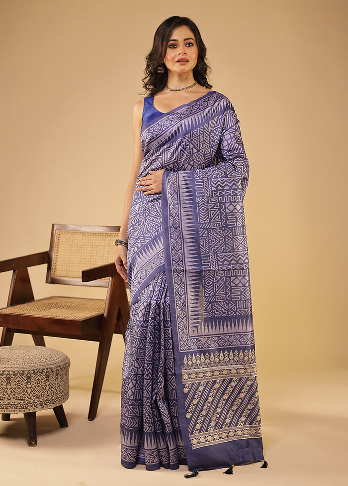 Blue Tussar Silk Saree With Blouse Piece