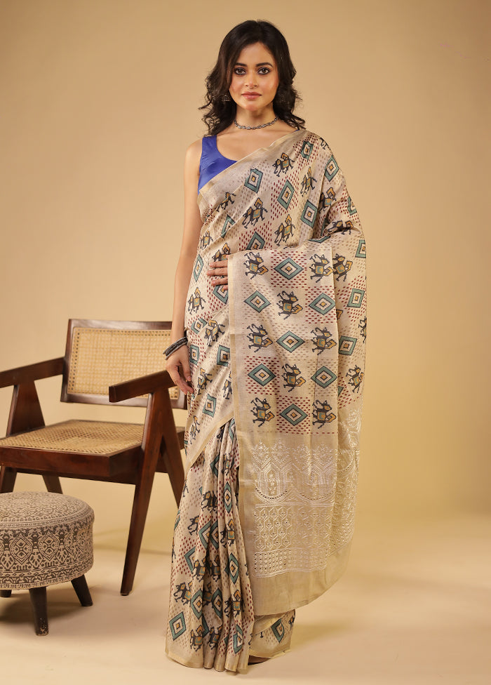 Cream Tussar Silk Saree With Blouse Piece