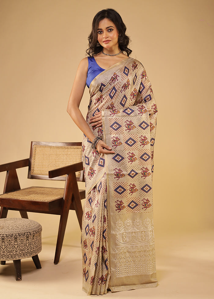 Cream Tussar Silk Saree With Blouse Piece