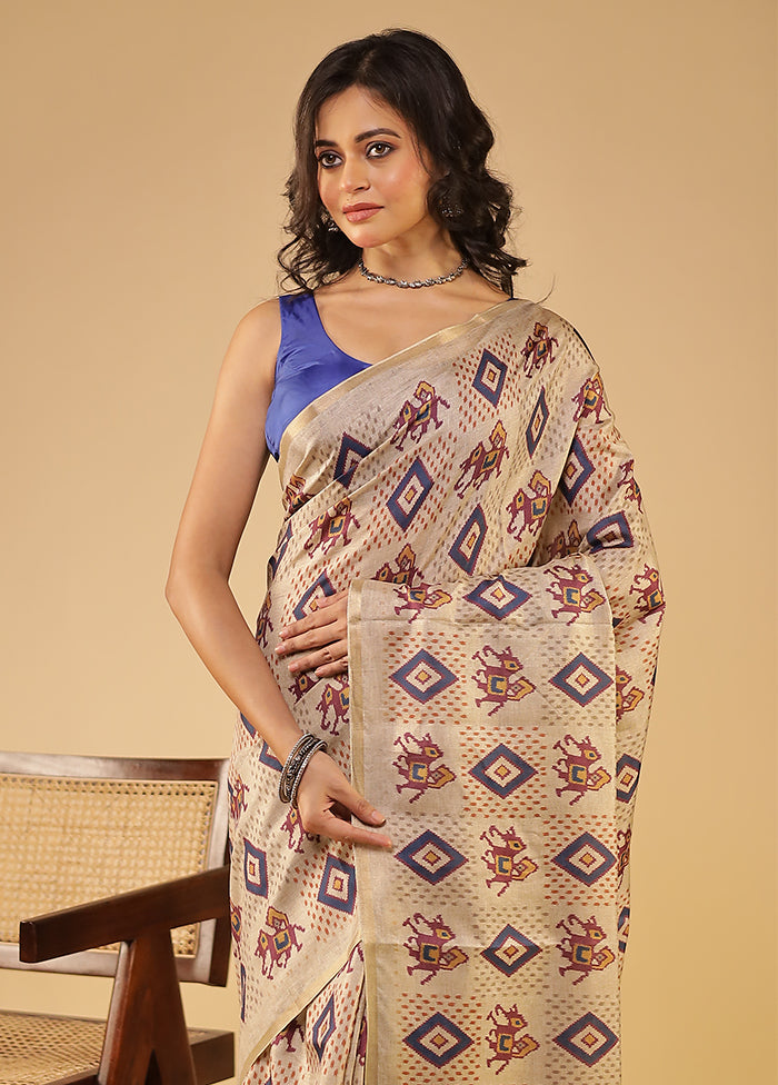 Cream Tussar Silk Saree With Blouse Piece