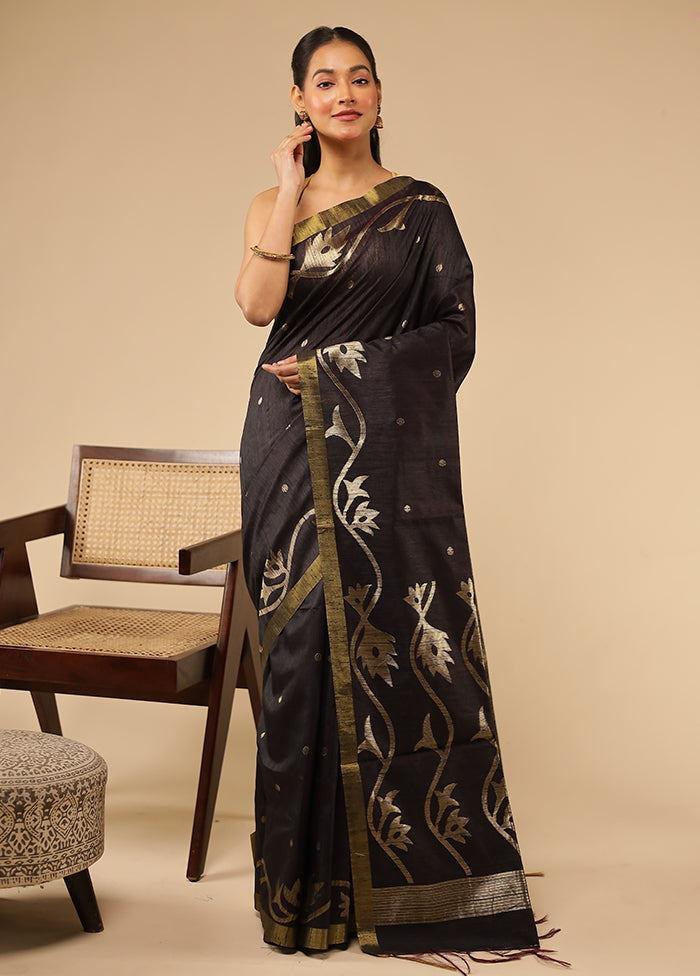 Black Tussar Silk Saree With Blouse Piece