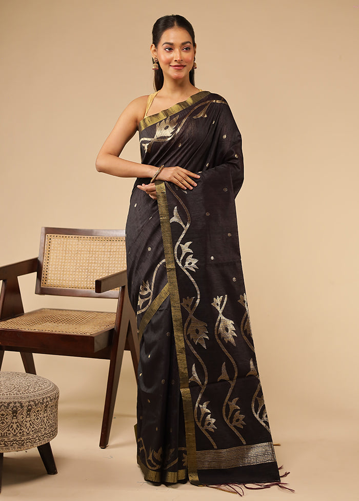 Black Tussar Silk Saree With Blouse Piece
