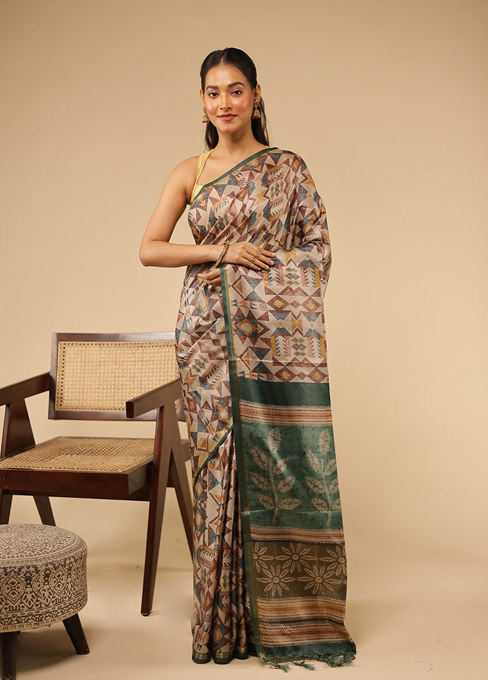 Cream Tussar Silk Saree With Blouse Piece