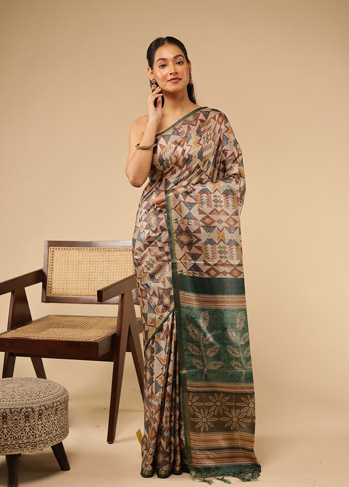 Cream Tussar Silk Saree With Blouse Piece