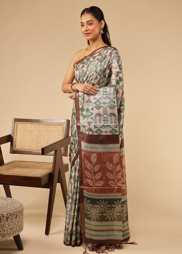 Cream Tussar Silk Saree With Blouse Piece